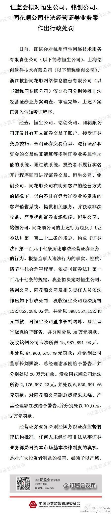 證監(jiān)會擬對恒生、銘創(chuàng)、同花順等公司作出行政處罰